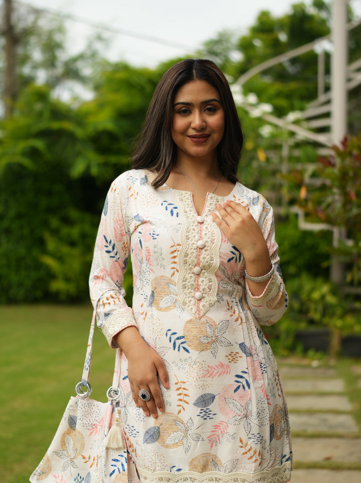 Cream White Embroidered Suit Set with Matching Bag