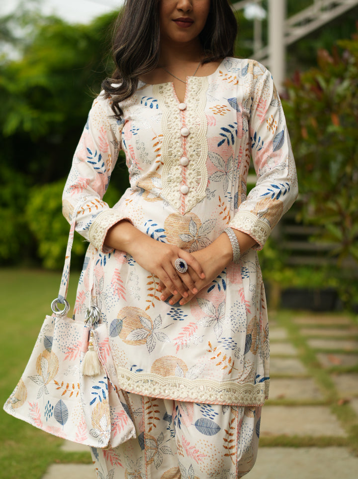 Cream White Embroidered Suit Set with Matching Bag