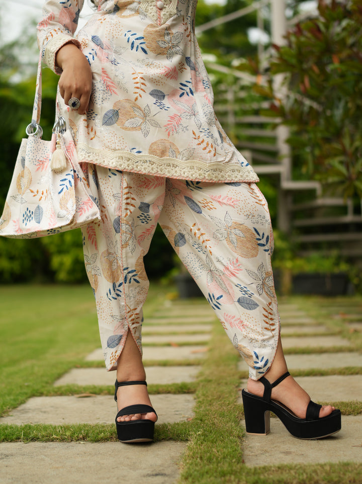 Cream White Embroidered Suit Set with Matching Bag