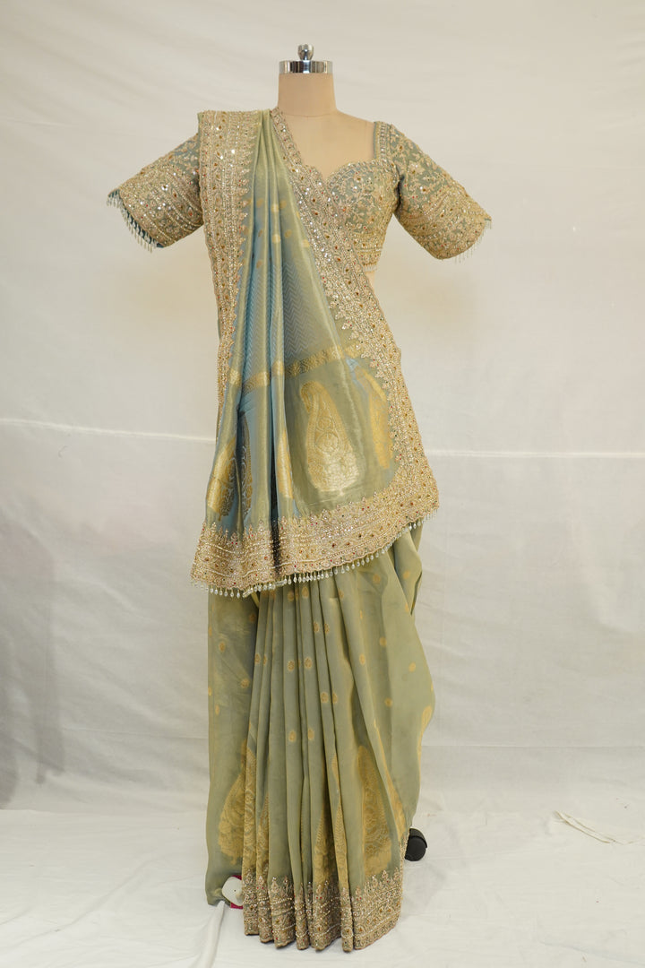 Pastel Sage Green Embroidered Designer Saree with Heavy Work Blouse