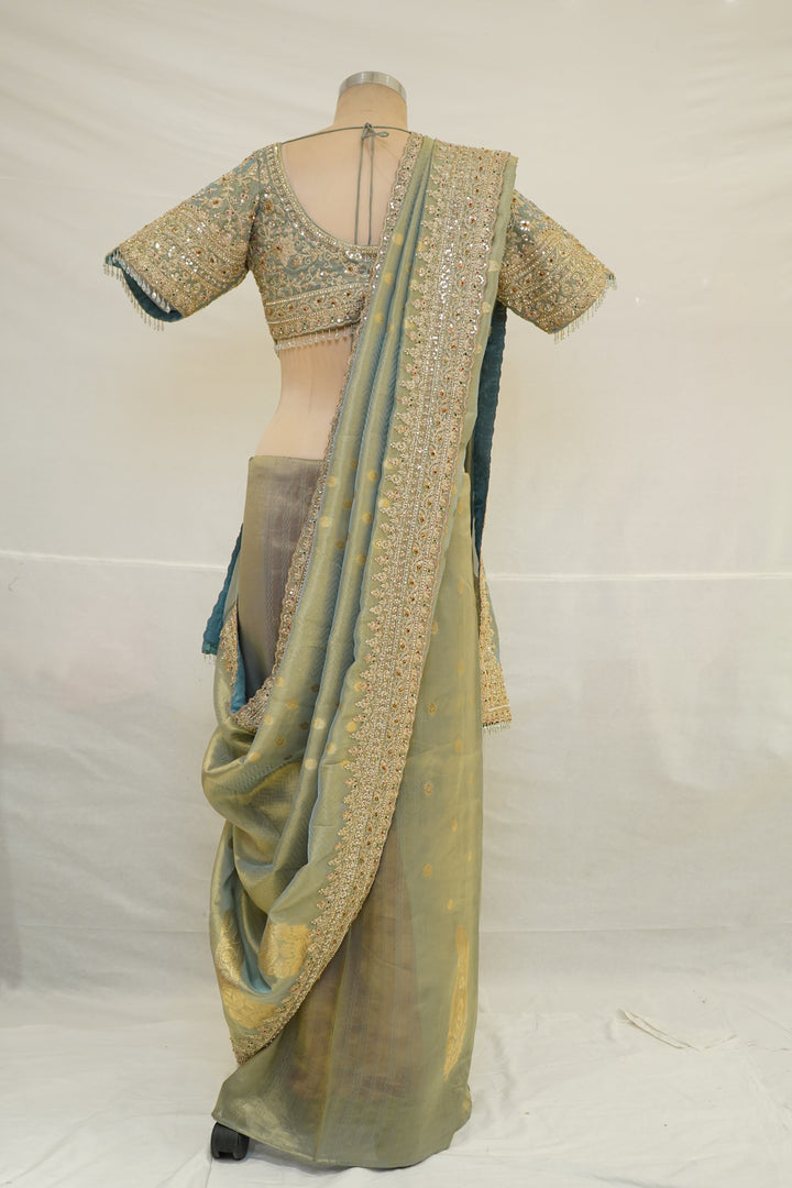 Pastel Sage Green Embroidered Designer Saree with Heavy Work Blouse