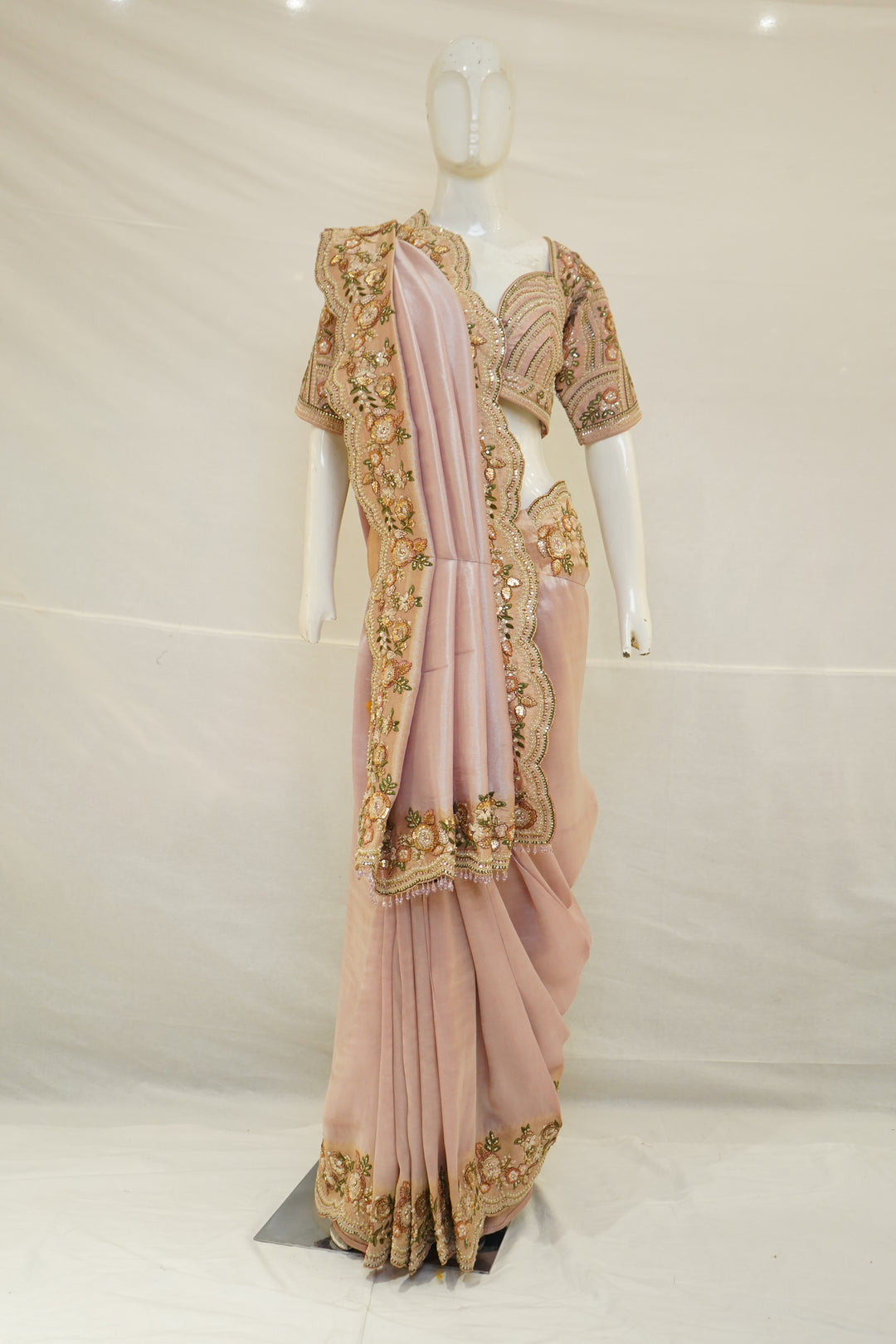 Blush Pink Designer Saree with Floral Embroidered Blouse & Elegant Cutwork Detailing