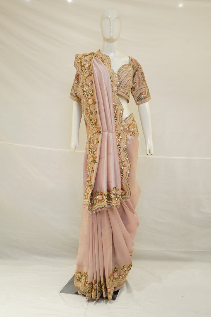 Blush Pink Designer Saree with Floral Embroidered Blouse & Elegant Cutwork Detailing