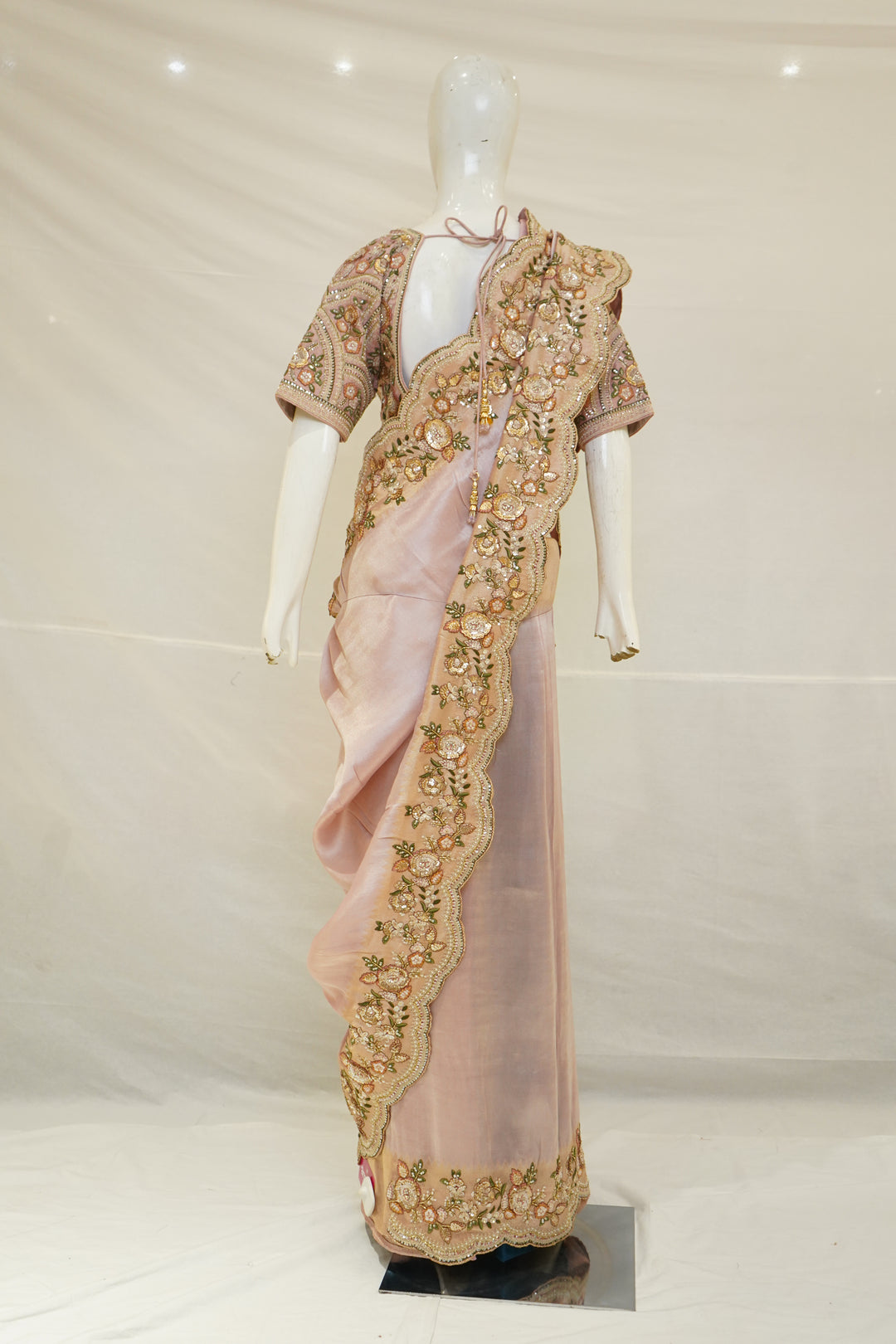 Blush Pink Designer Saree with Floral Embroidered Blouse & Elegant Cutwork Detailing