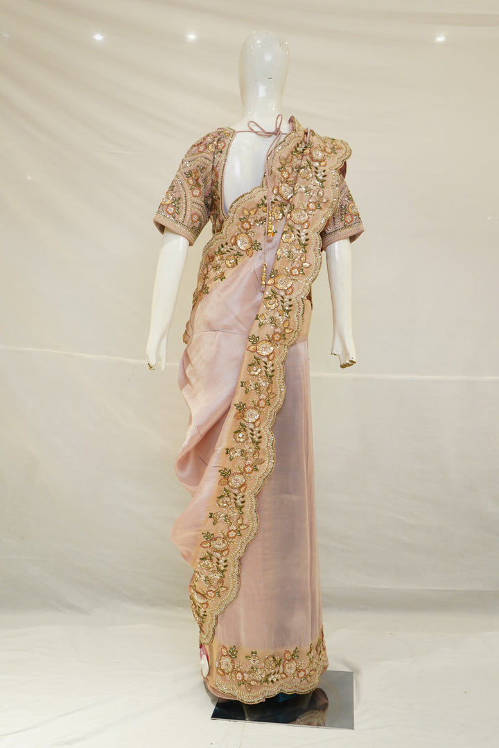 Blush Pink Designer Saree with Floral Embroidered Blouse & Elegant Cutwork Detailing