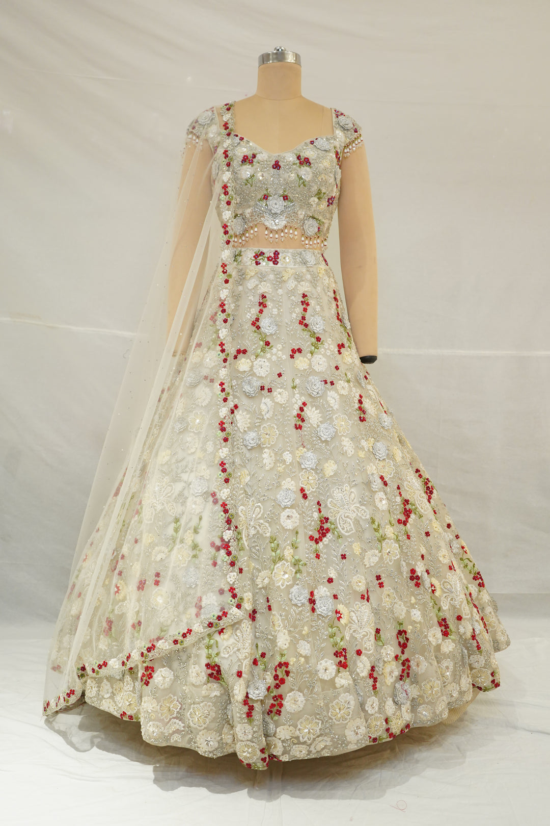 Ivory Pearl Embroidered Bridal Lehenga Set with Floral Handwork & Sheer Dupatta