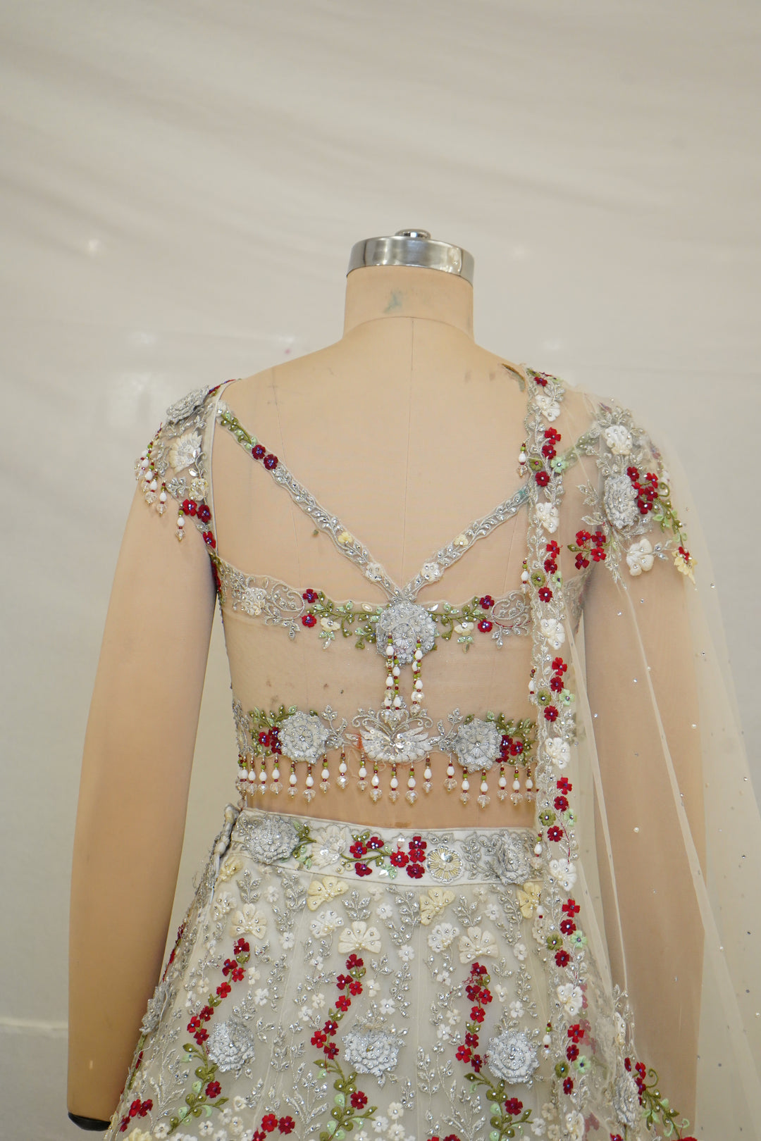 Ivory Pearl Embroidered Bridal Lehenga Set with Floral Handwork & Sheer Dupatta