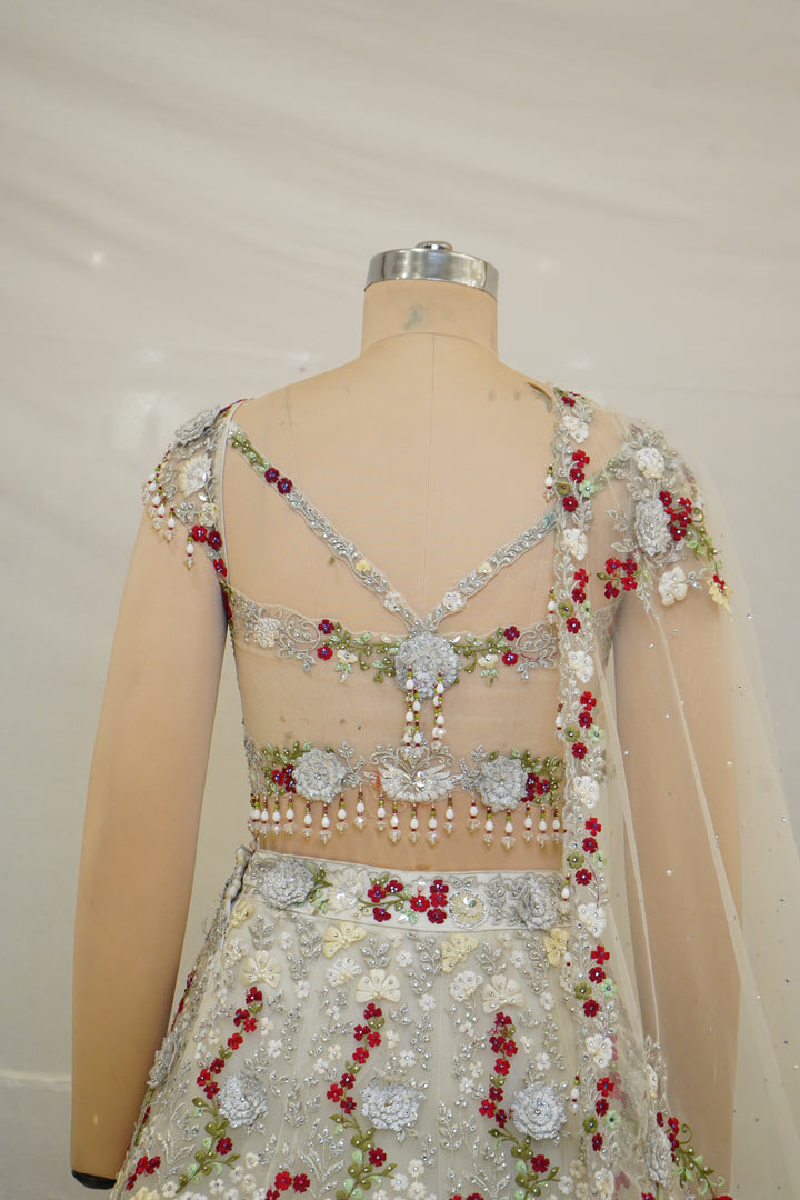 Ivory Pearl Embroidered Bridal Lehenga Set with Floral Handwork & Sheer Dupatta