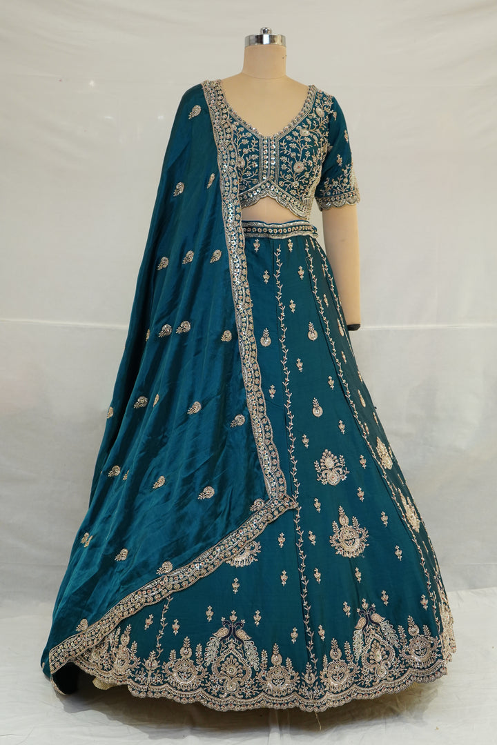 Teal Blue Designer Lehenga Set with Zari Embroidery & Regal Embellished Dupatta