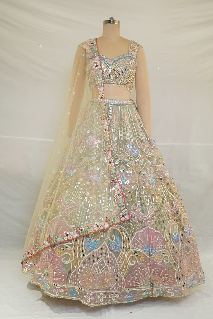 Pastel Sage Designer Lehenga Set with Mirror Embroidery & Floral Embellished Dupatta
