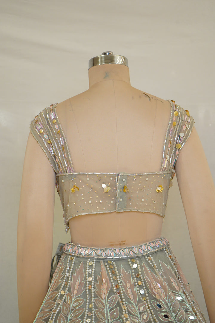 Pastel Sage Designer Lehenga Set with Mirror Embroidery & Floral Embellished Dupatta