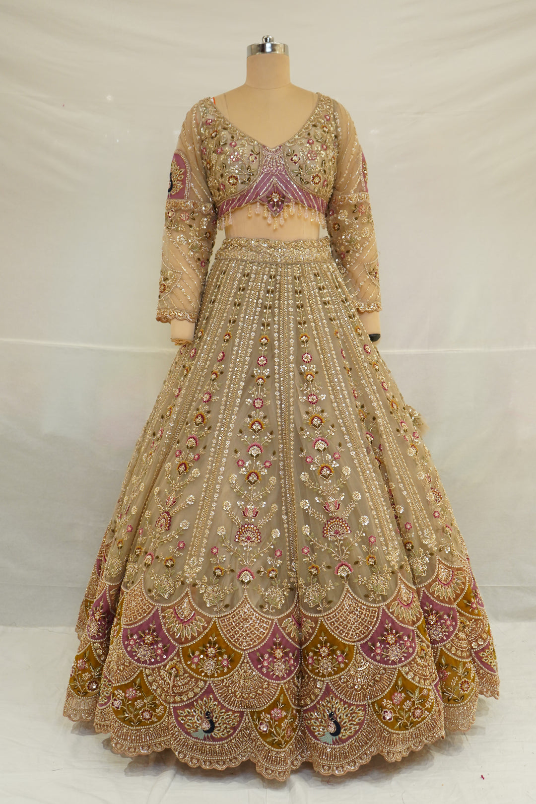 Beige Gold Designer Lehenga Set with Floral Embroidery & Embellished Net Dupatta