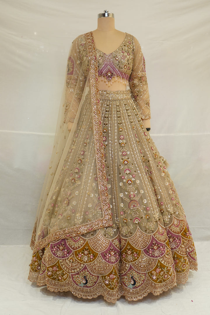 Beige Gold Designer Lehenga Set with Floral Embroidery & Embellished Net Dupatta