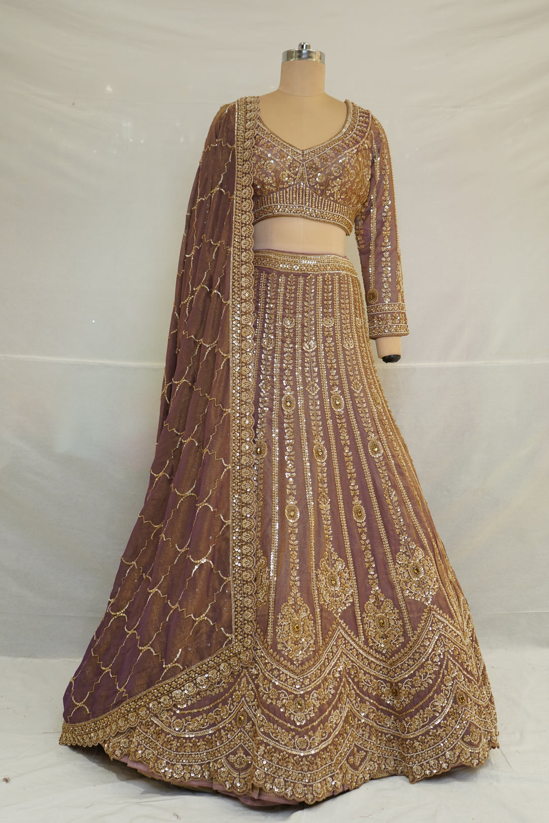Mauve Gold Designer Lehenga Set with Intricate Zari Embroidery & Embellished Dupatta