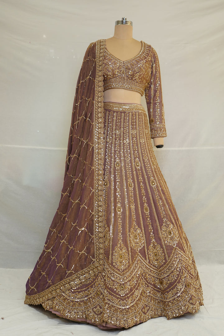 Mauve Gold Designer Lehenga Set with Intricate Zari Embroidery & Embellished Dupatta