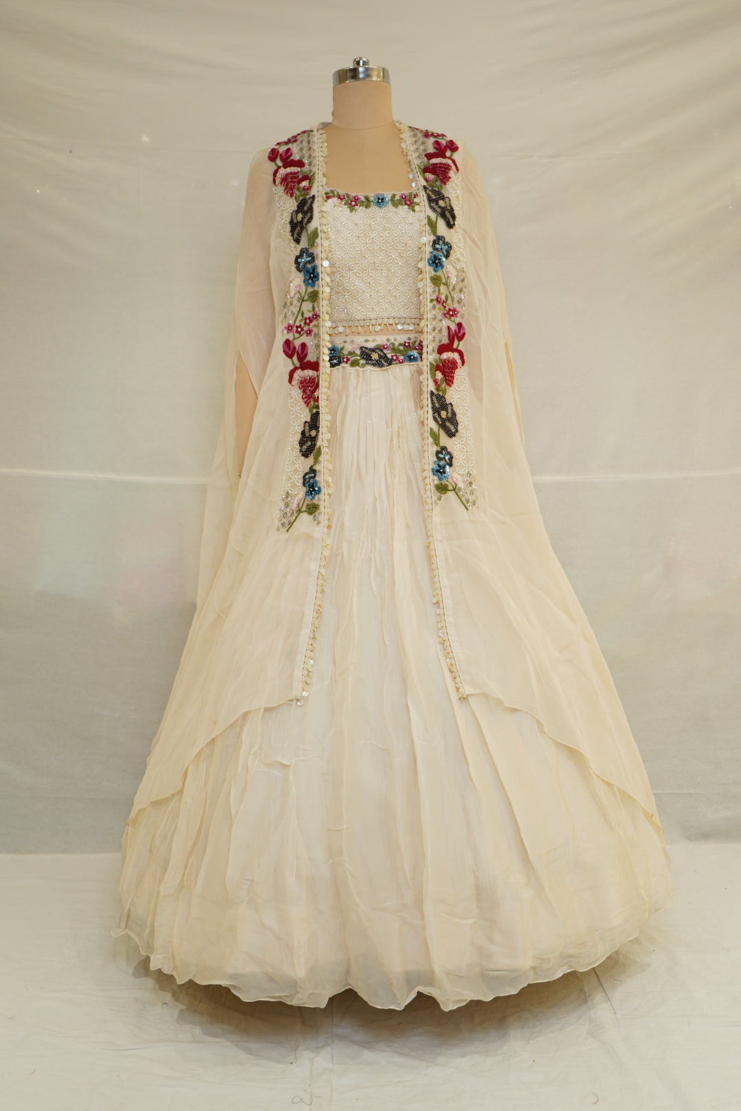 Ivory Indo-Western Fusion Lehenga Set with Floral Embroidered Cape Jacket