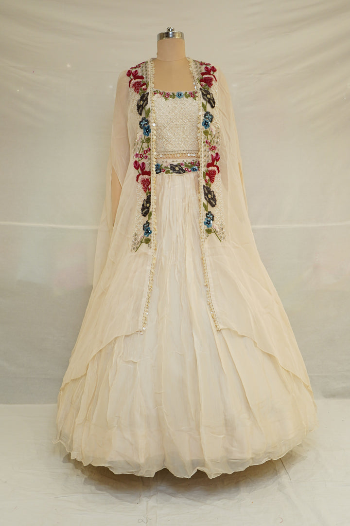 Ivory Indo-Western Fusion Lehenga Set with Floral Embroidered Cape Jacket