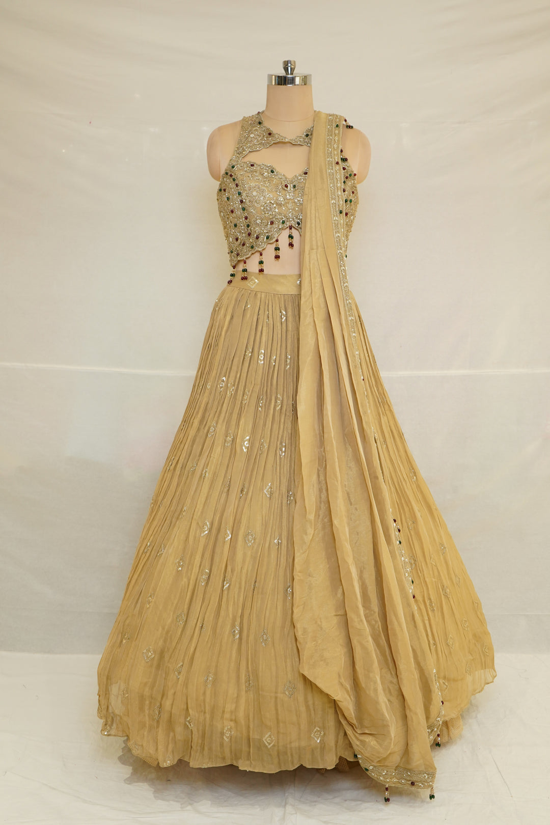 Mustard Gold Indo-Western Lehenga Set with Embellished Crop Blouse & Draped Dupatta