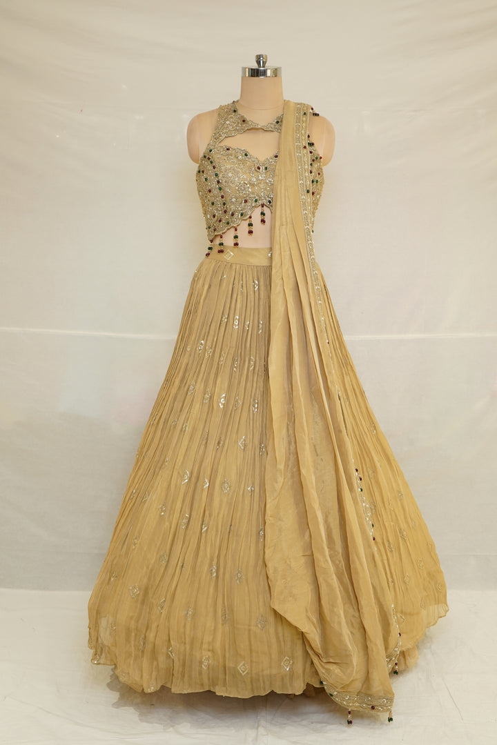 Mustard Gold Indo-Western Lehenga Set with Embellished Crop Blouse & Draped Dupatta