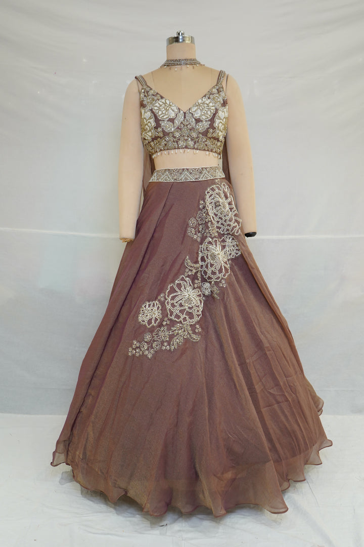 Mocha Brown Designer Lehenga Set with Floral Embroidery & Sheer Cape Dupatta