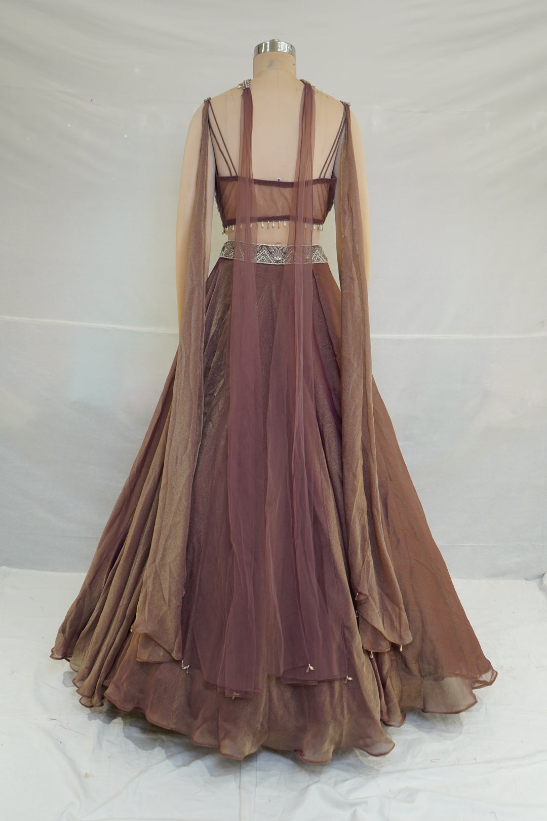 Mocha Brown Designer Lehenga Set with Floral Embroidery & Sheer Cape Dupatta