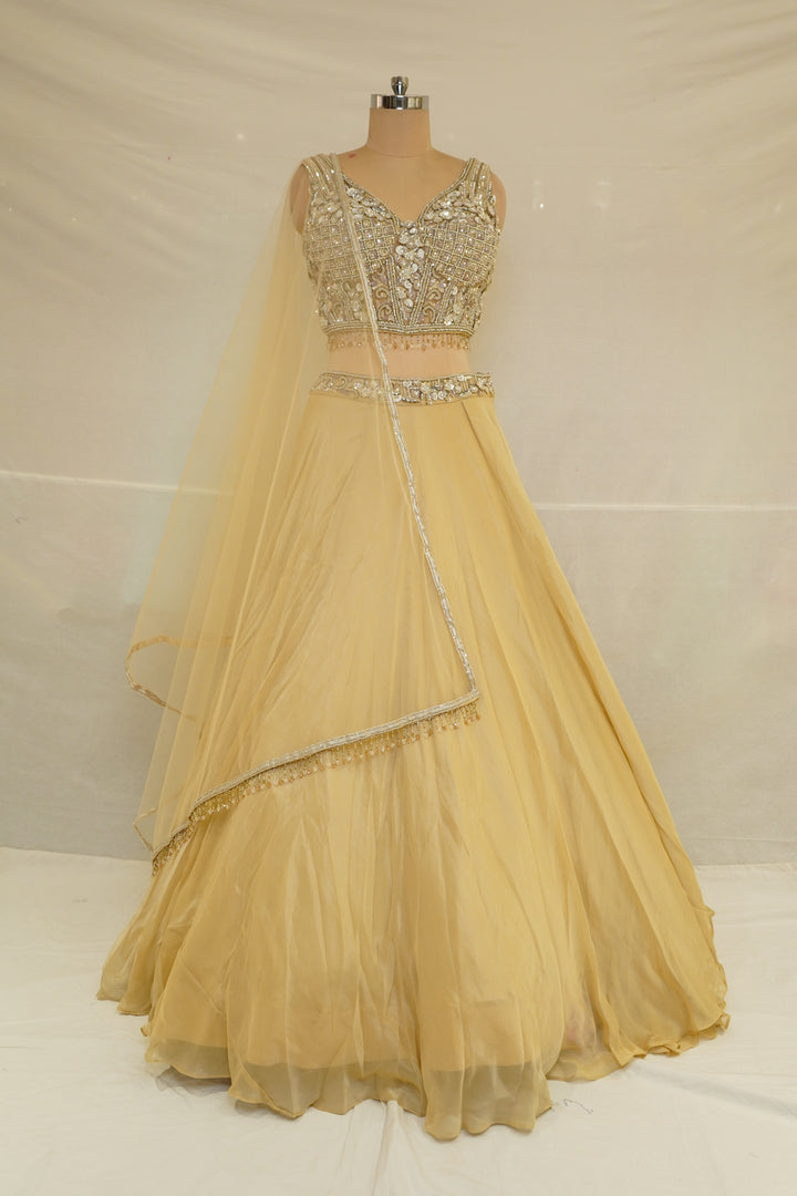 Champagne Gold Designer Lehenga Set with Embellished Blouse & Sheer Organza Dupatta