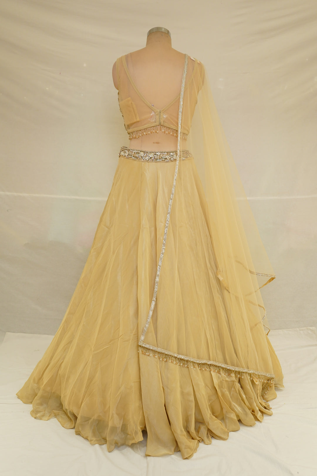 Champagne Gold Designer Lehenga Set with Embellished Blouse & Sheer Organza Dupatta
