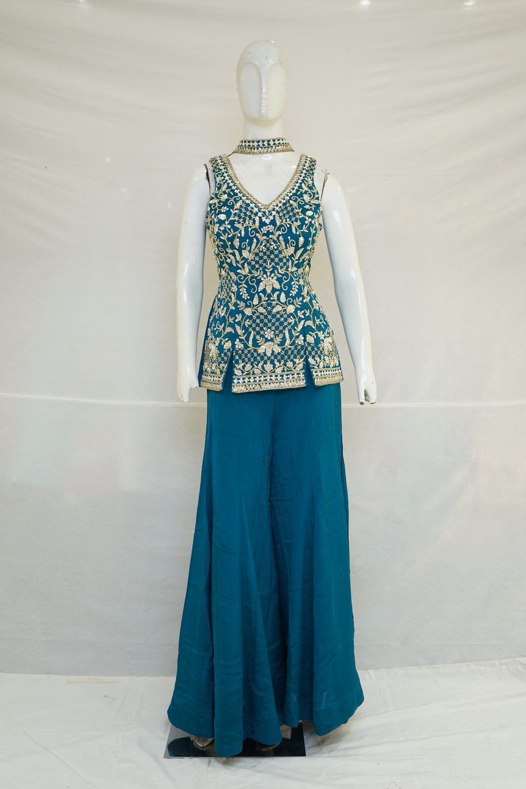 Teal Blue Indo-Western Palazzo Set with Embroidered Peplum Top