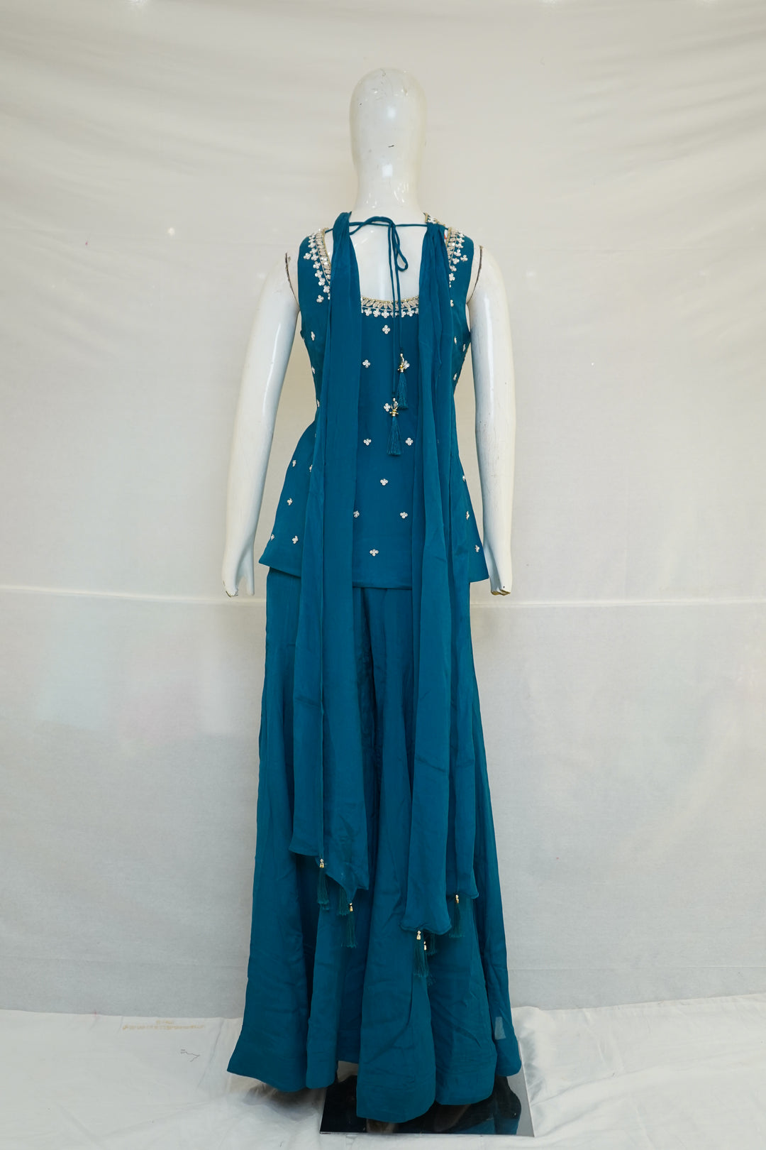 Teal Blue Indo-Western Palazzo Set with Embroidered Peplum Top