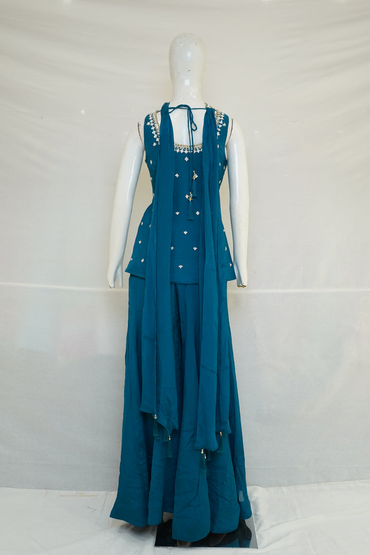 Teal Blue Indo-Western Palazzo Set with Embroidered Peplum Top