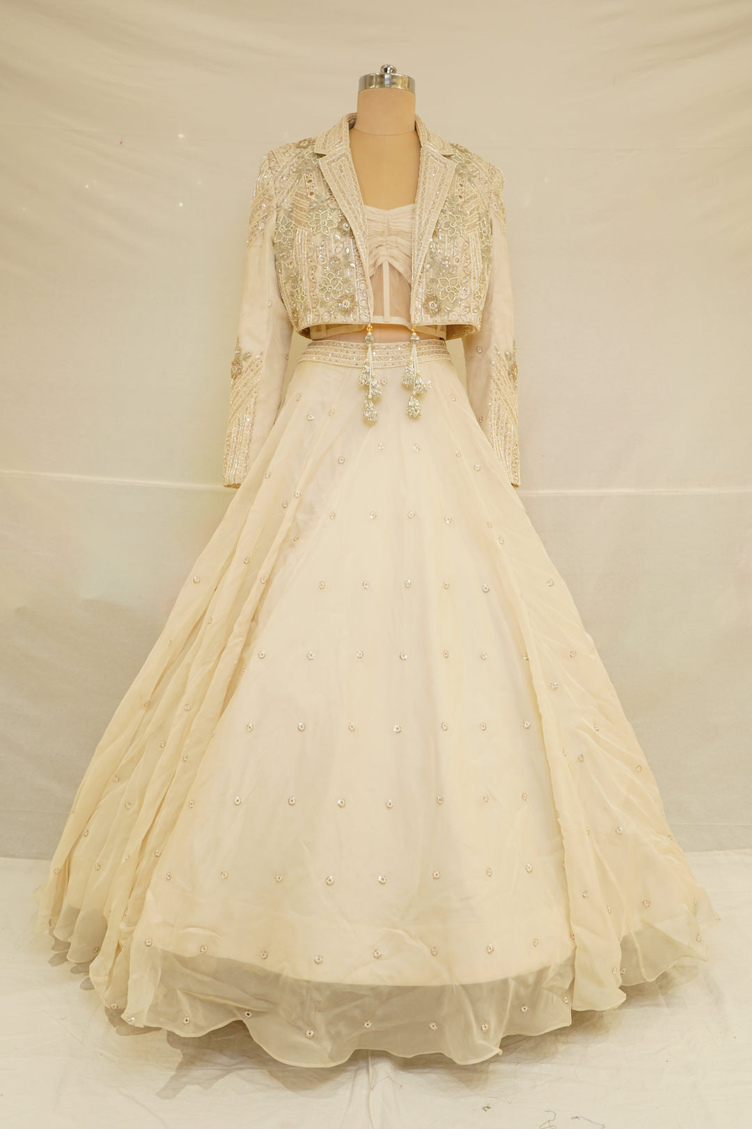 Ivory Indo-Western Lehenga Set with Embroidered Jacket & Contemporary Corset Blouse