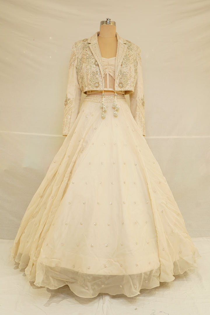 Ivory Indo-Western Lehenga Set with Embroidered Jacket & Contemporary Corset Blouse
