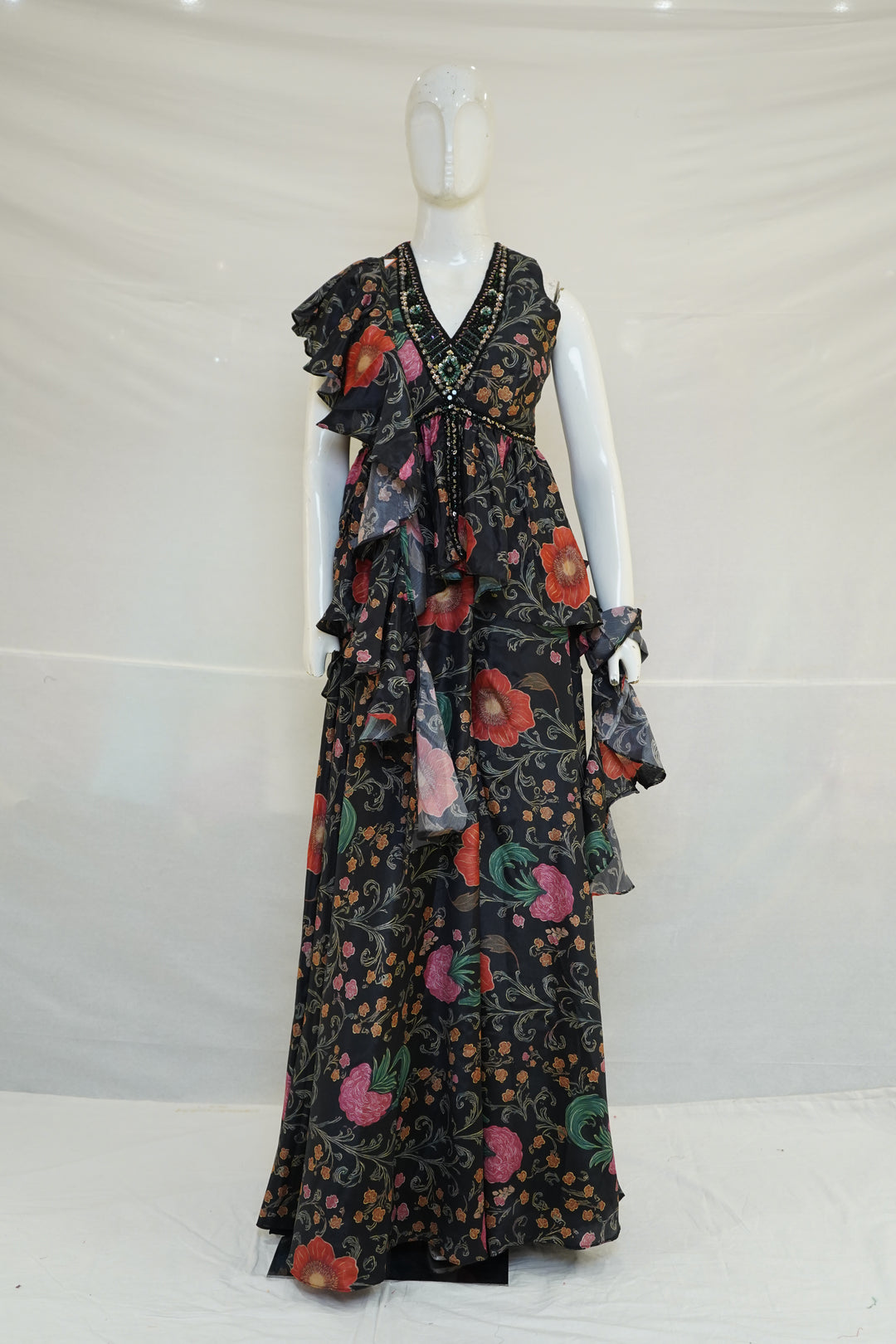 Black Floral Indo-Western Ruffle Gown with Printed Draped Detailing