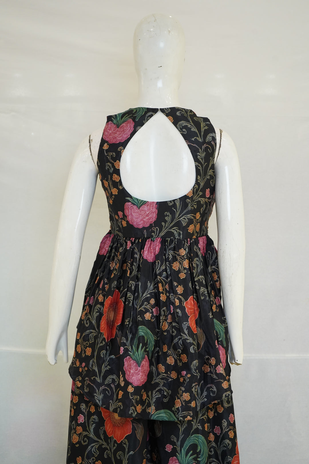 Black Floral Indo-Western Ruffle Gown with Printed Draped Detailing