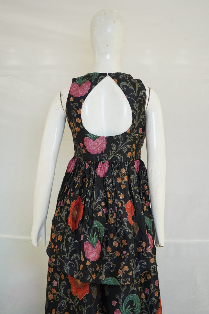 Black Floral Indo-Western Ruffle Gown with Printed Draped Detailing