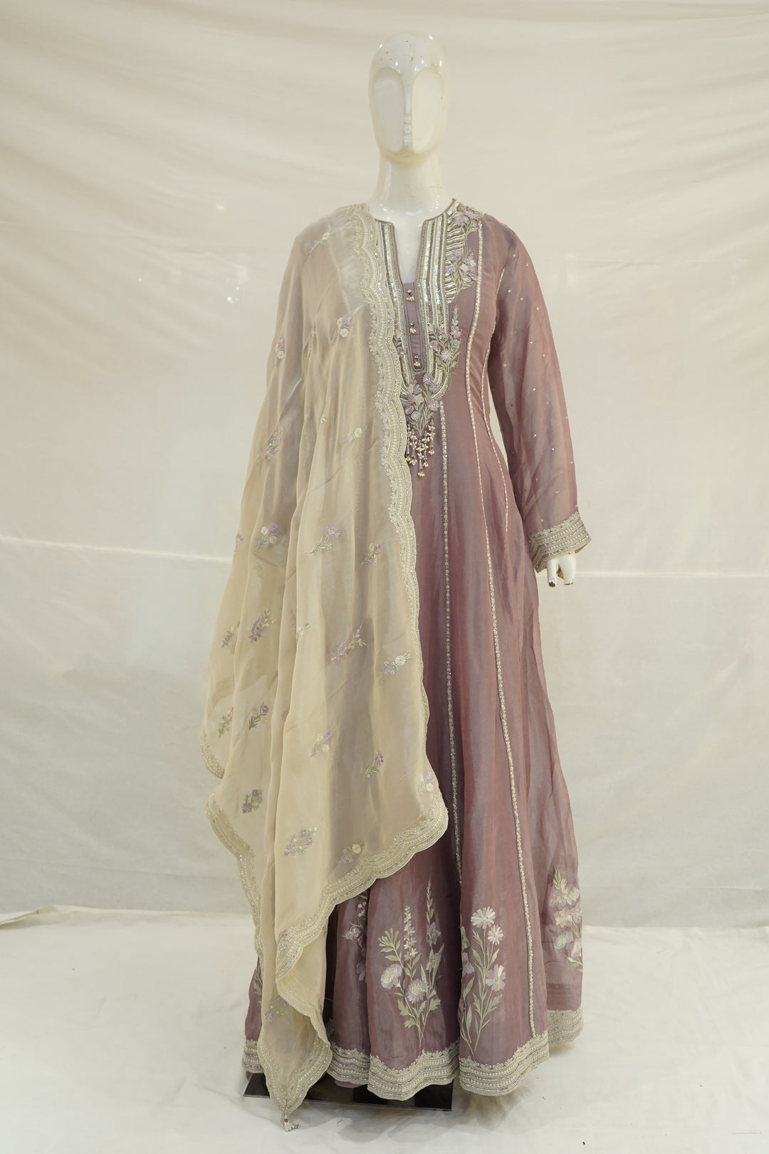 Dusty Mauve Embroidered Anarkali Suit Set with Floral Organza Dupatta