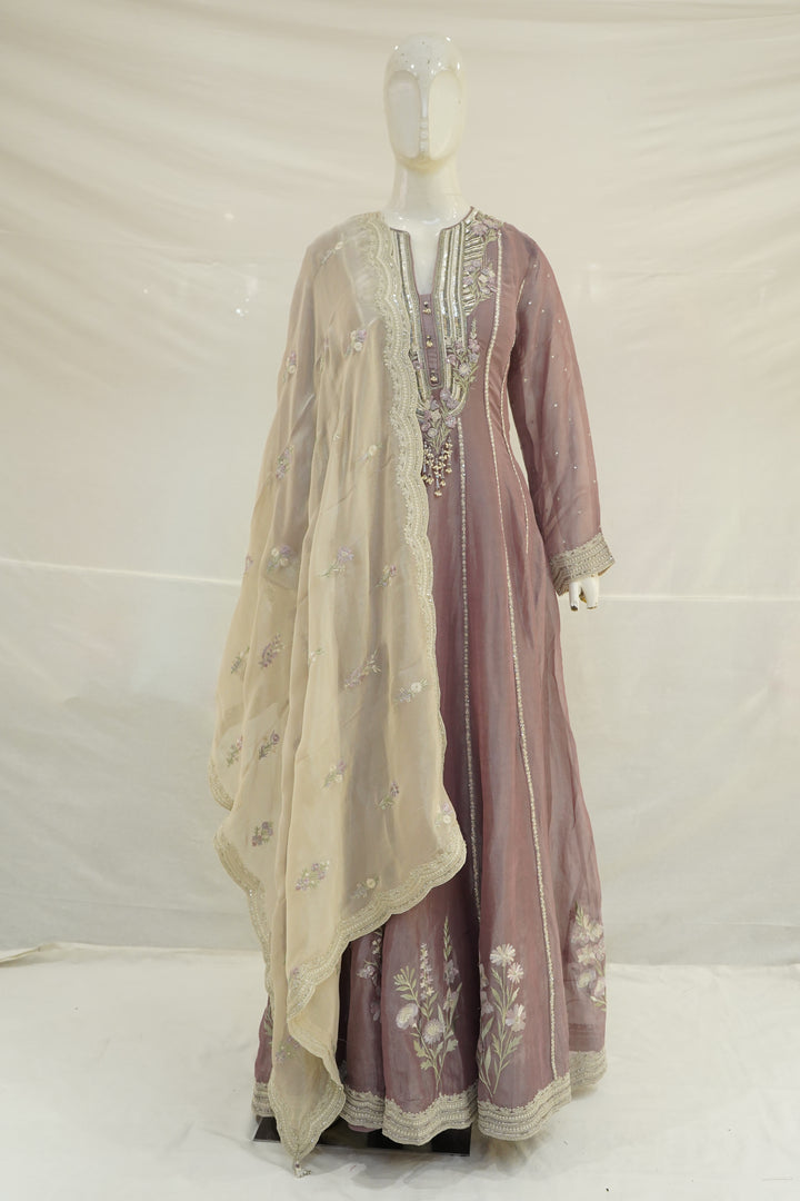 Dusty Mauve Embroidered Anarkali Suit Set with Floral Organza Dupatta
