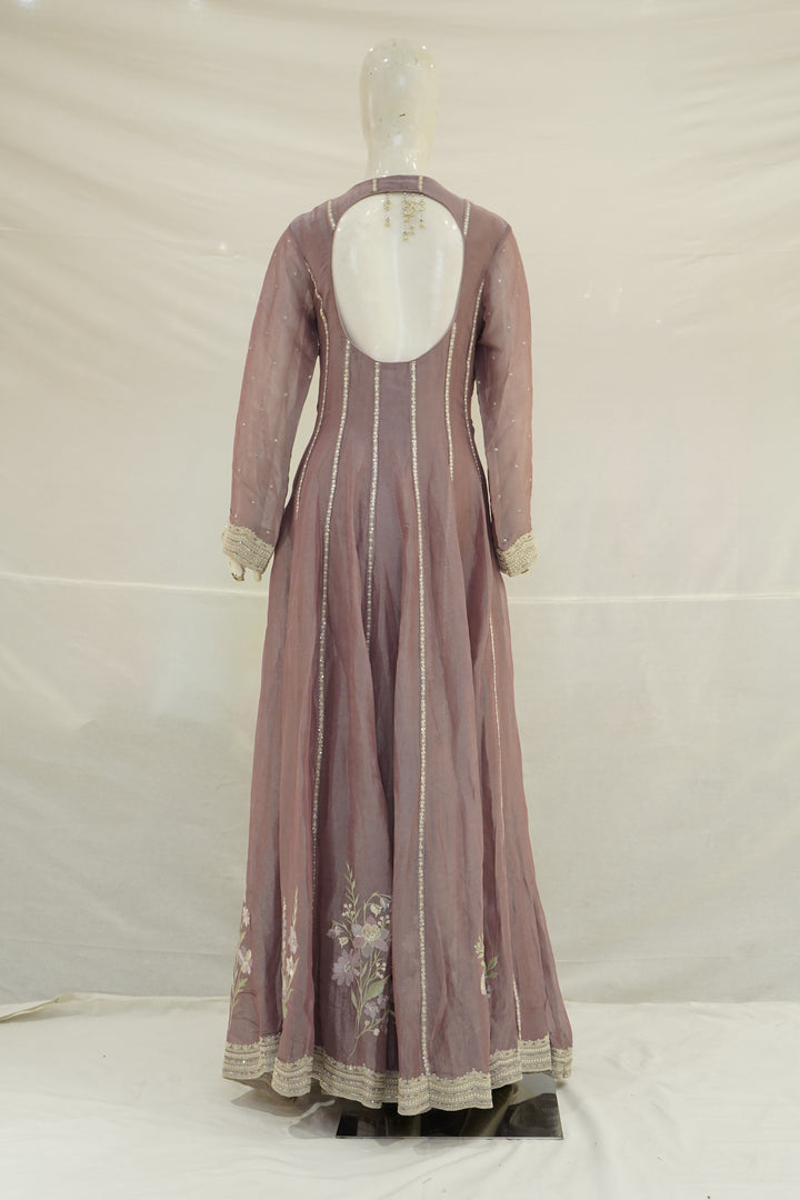 Dusty Mauve Embroidered Anarkali Suit Set with Floral Organza Dupatta