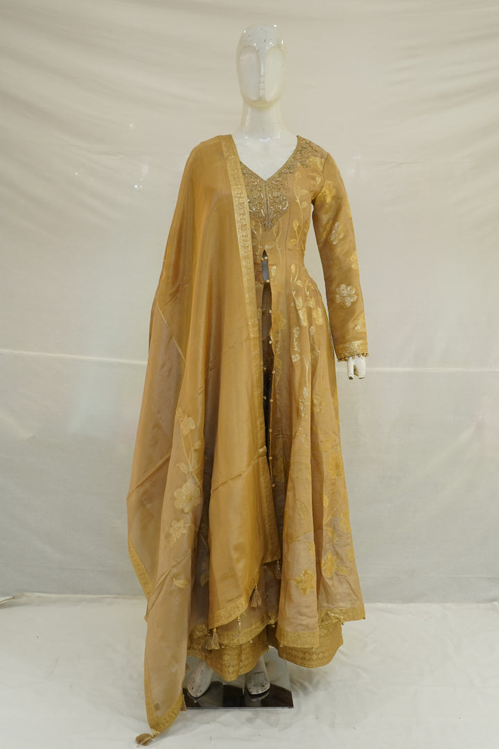Mustard Gold Embroidered Anarkali Suit Set with Jacquard Palazzo & Dupatta