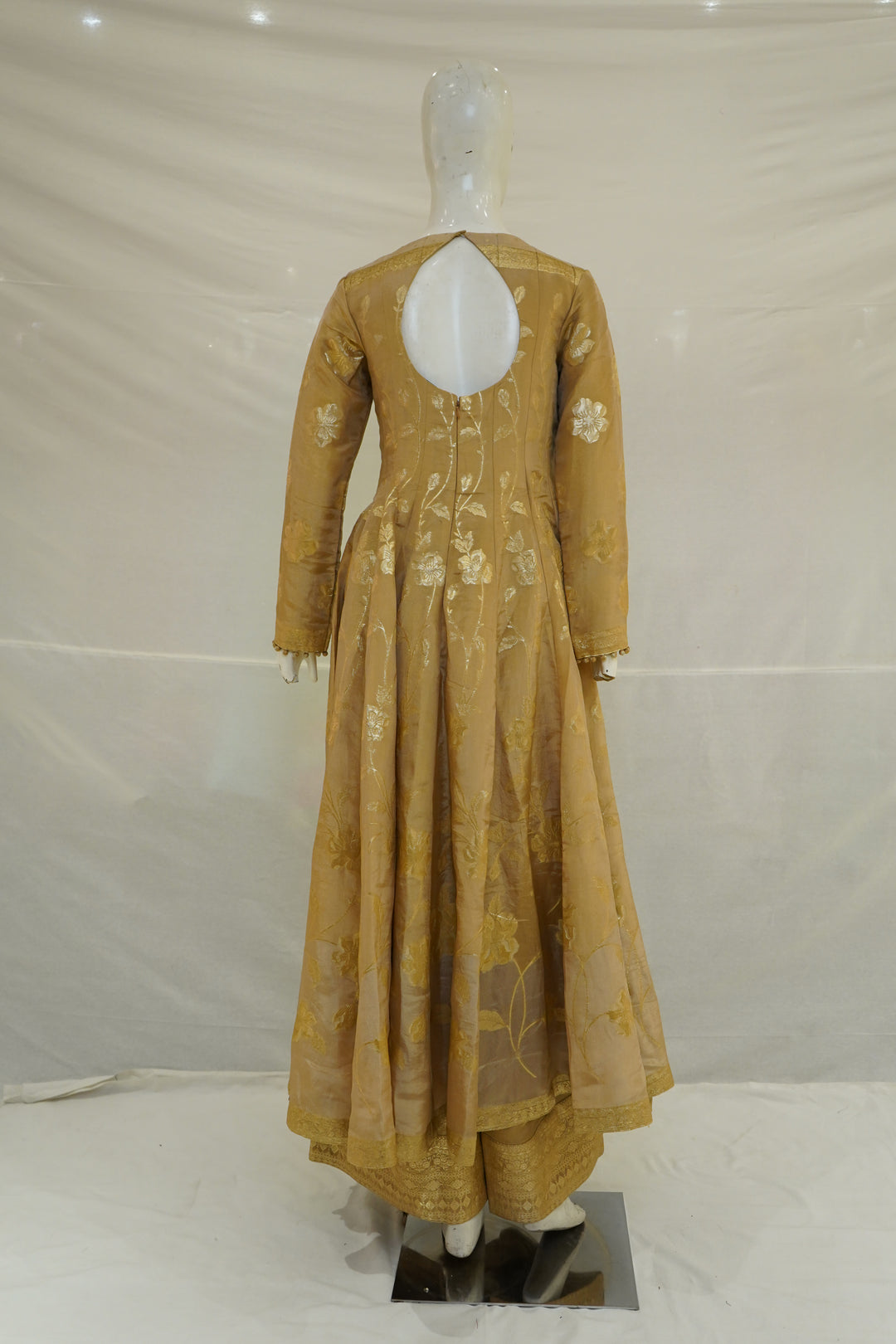 Mustard Gold Embroidered Anarkali Suit Set with Jacquard Palazzo & Dupatta