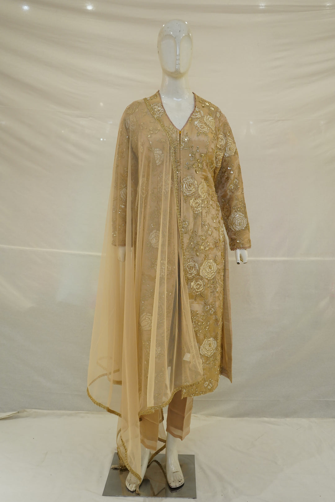 Champagne Beige Floral Embroidered Straight Kurta Set with Organza Dupatta