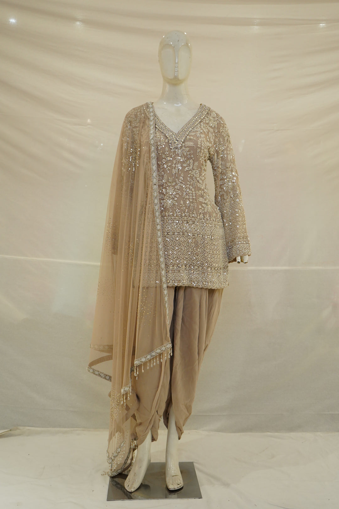 Taupe Beige Heavily Embroidered Kurta Set with Draped Dhoti Pants & Net Dupatta