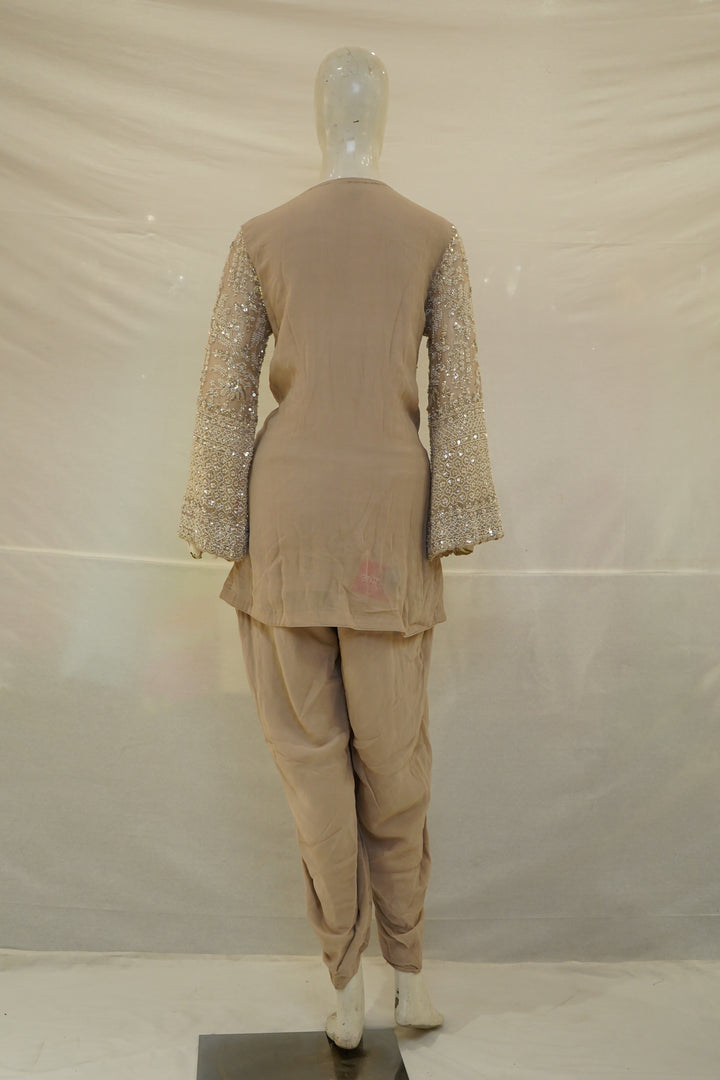 Taupe Beige Heavily Embroidered Kurta Set with Draped Dhoti Pants & Net Dupatta