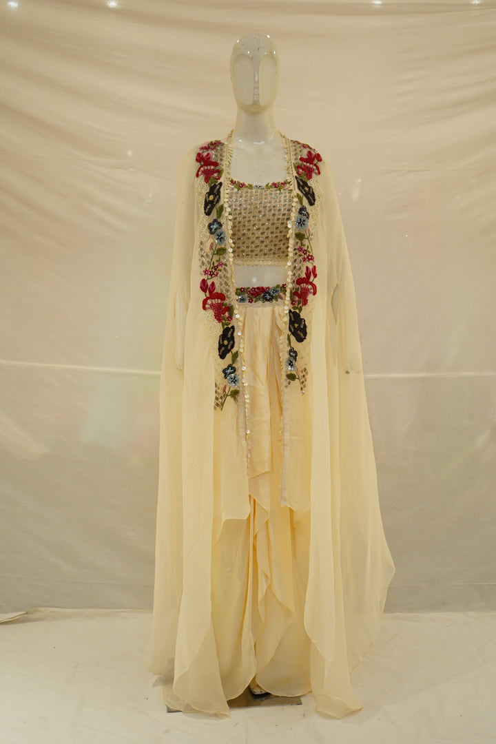 Ivory Floral Embroidered Indo-Western Cape Set with Draped Palazzo