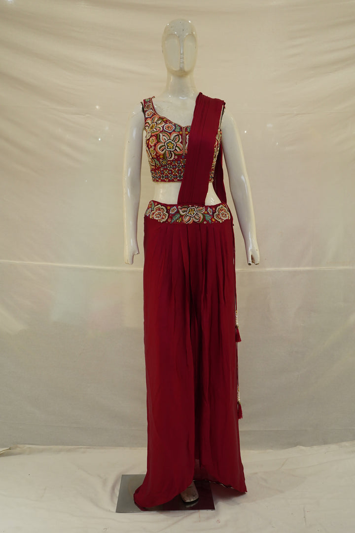 Ruby Red Embroidered Indo-Western Draped Saree Set