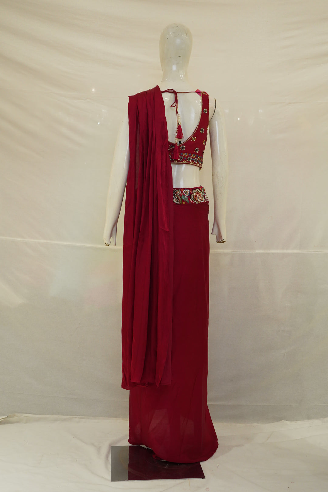 Ruby Red Embroidered Indo-Western Draped Saree Set