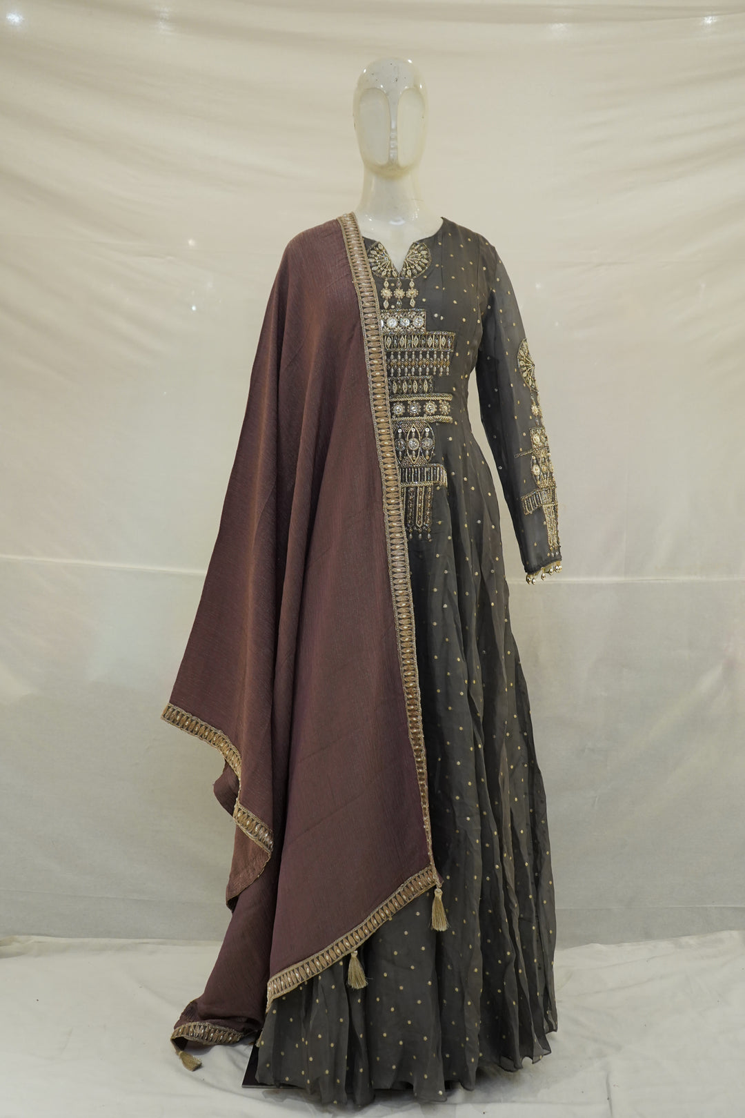 Charcoal Grey Embroidered Anarkali Suit Set with Wine Dupatta