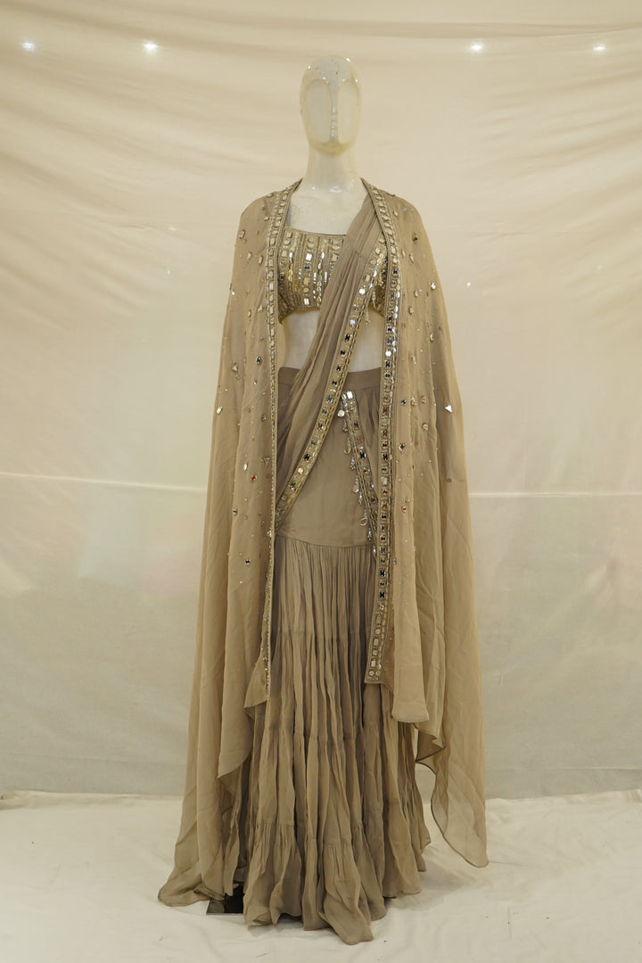 Taupe Mirror Embellished Ready-to-Wear Saree with Cape Dupatta