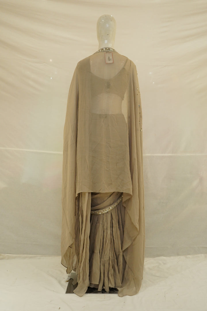 Olive Taupe Ready-to-Wear Draped Saree with Mirror Embellished Blouse & Cape
