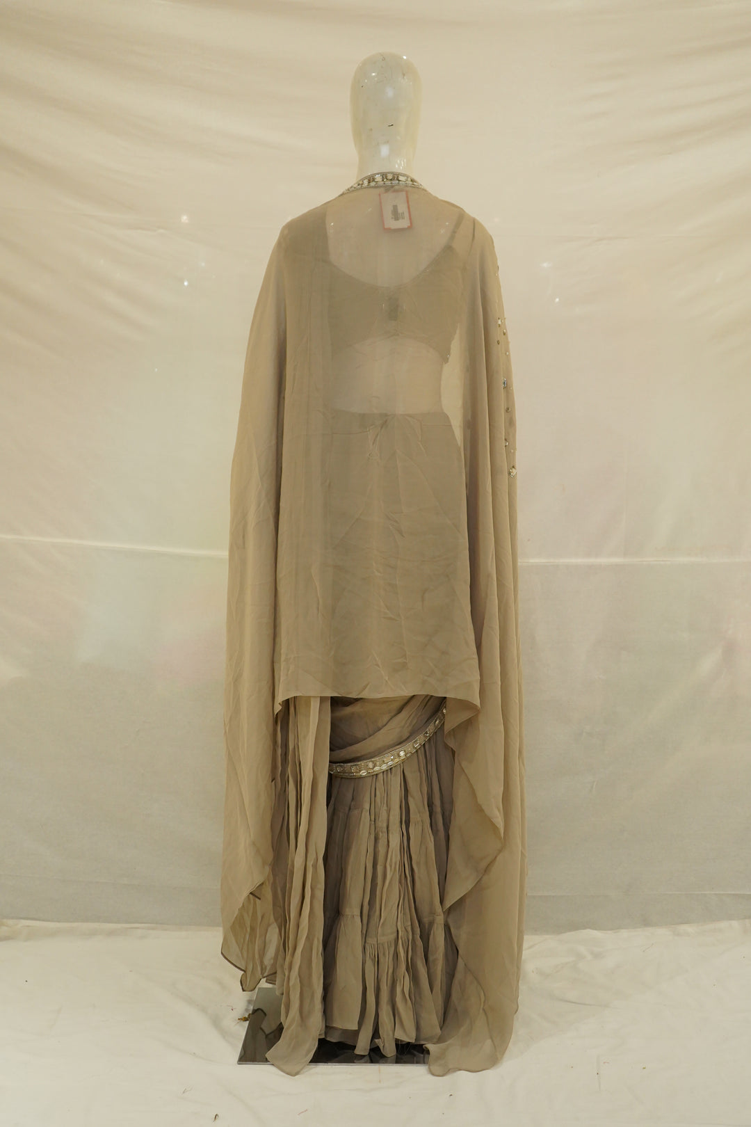 Taupe Mirror Embellished Ready-to-Wear Saree with Cape Dupatta